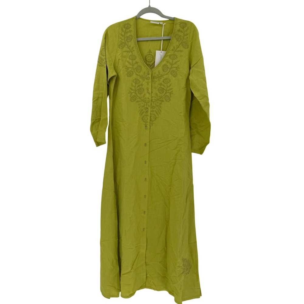 Julia Amory Chloe Caftan Chartreuse Green Embroidered Linen Midi Dress Size M